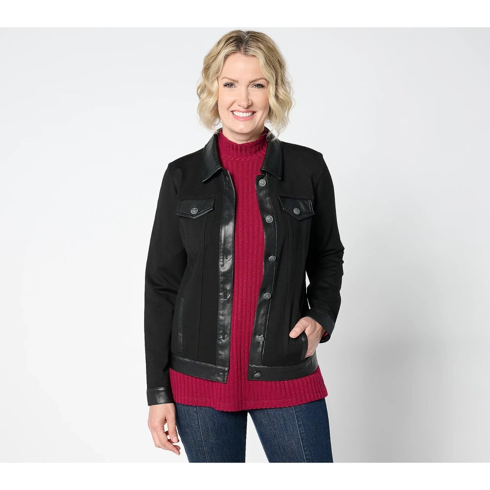 GRAVER Susan Graver Smart Ponte 350 Jacket w/ Faux Leather Combo Black, Small 4A